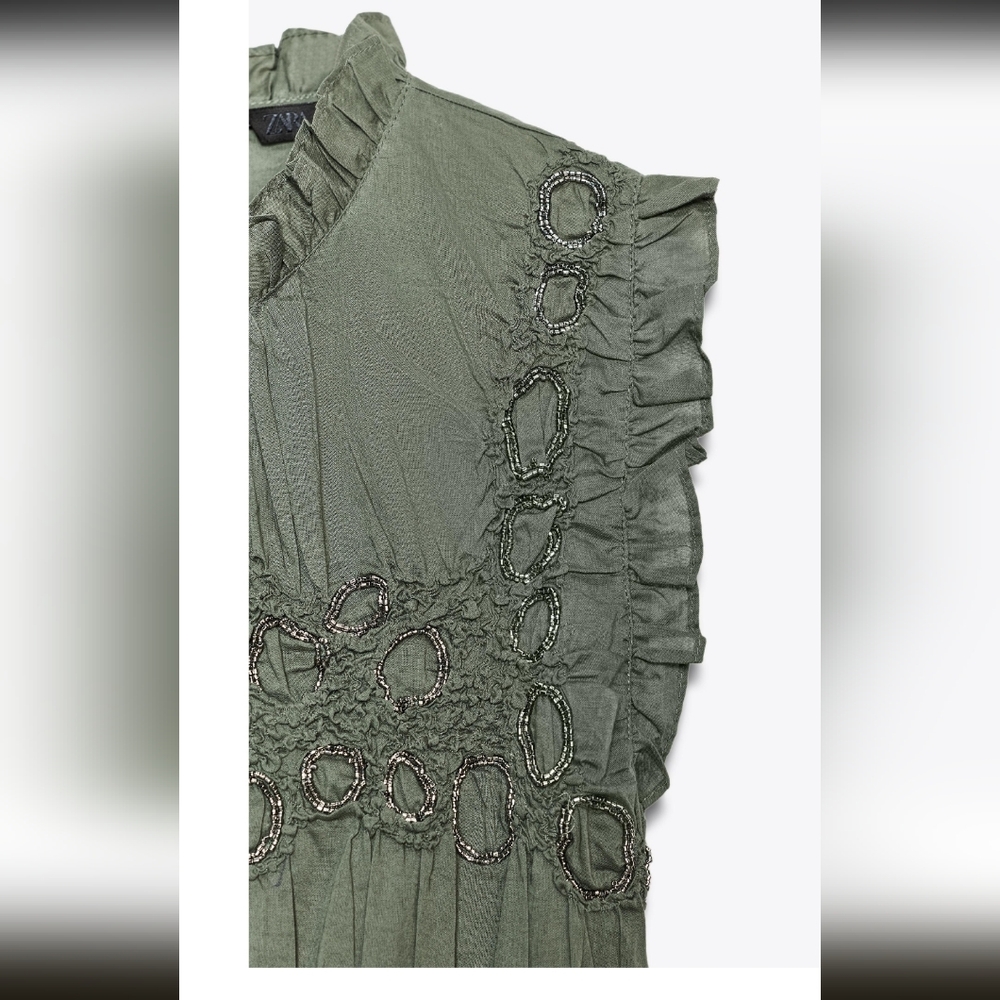 Zara Olive Green Ruffle Sleeve Beaded/Embroidered Ruffle Top - Picture 3 of 5